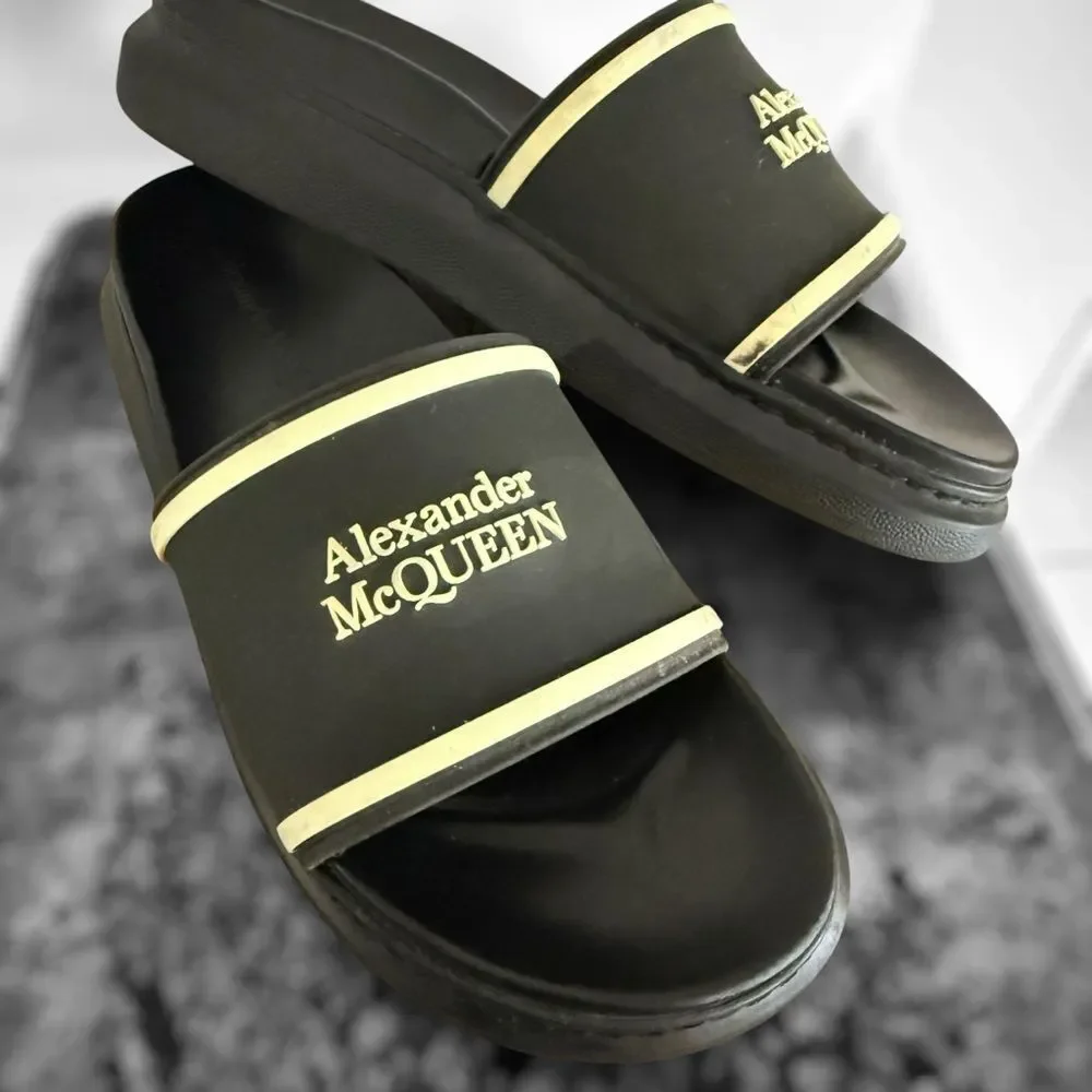 Alexander McQueen Black and Gold Slide Sandals